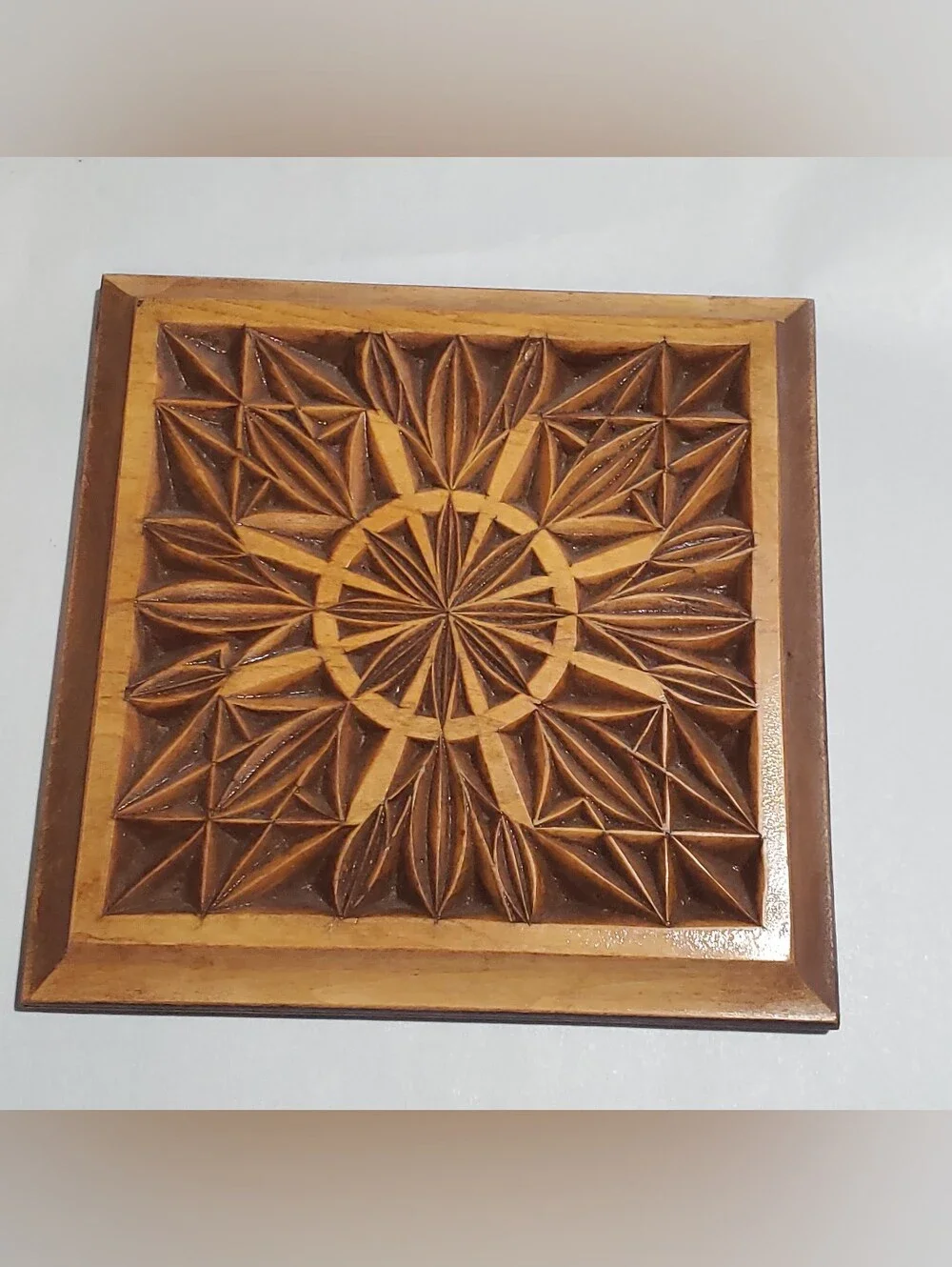 Handmade Wood Carved Geometric Carving. Rosette Pattern. Modern Wall Art. Signed